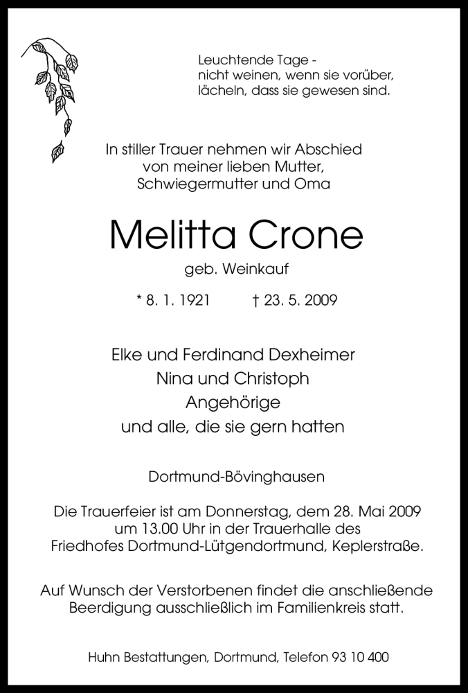  Traueranzeige für Melitta Crone vom 26.05.2009 aus Tageszeitung