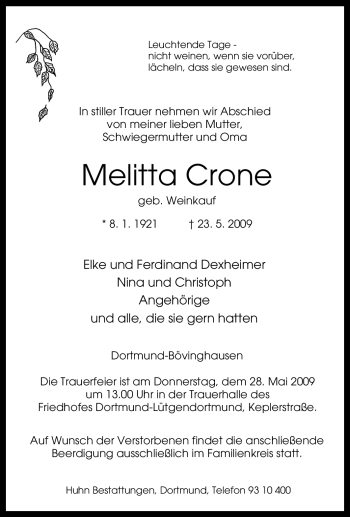 Traueranzeige von Melitta Crone von Tageszeitung