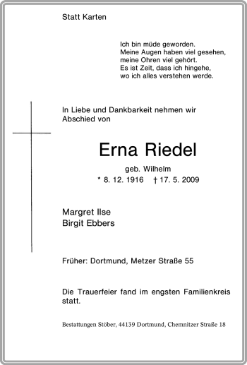 Traueranzeige von Erna Riedel von Tageszeitung