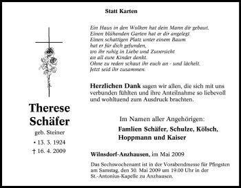 Traueranzeige von Therese Schäfer von Tageszeitung