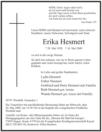 Traueranzeige von Erika Hesmert von Tageszeitung