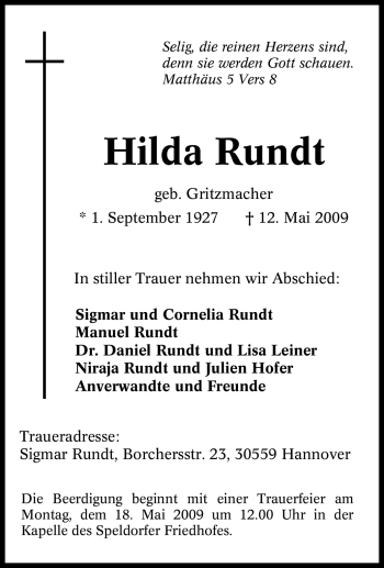 Traueranzeige von Hilda Rundt von Tageszeitung