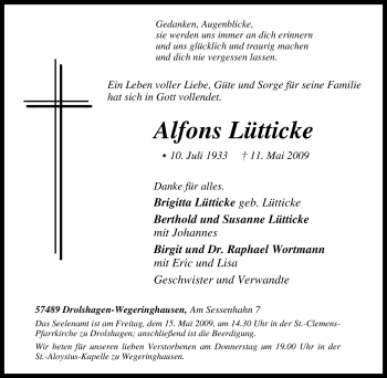 Traueranzeige von Alfons Lütticke von Tageszeitung