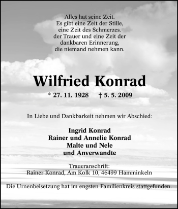 Traueranzeige von Wilfried Konrad von Tageszeitung