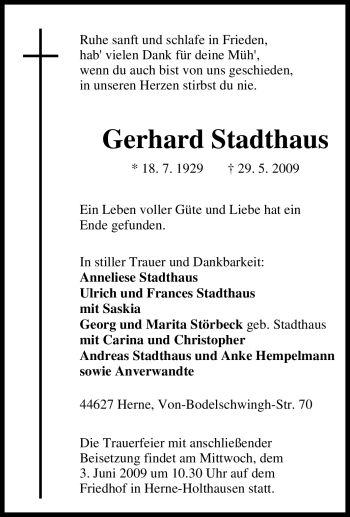 Traueranzeige von Gerhard Stadthaus von Tageszeitung