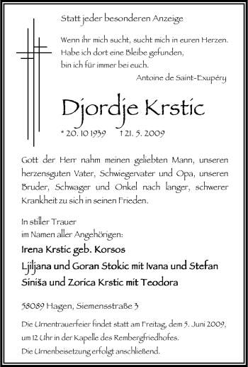 Traueranzeige von Djordje Krstic von Tageszeitung
