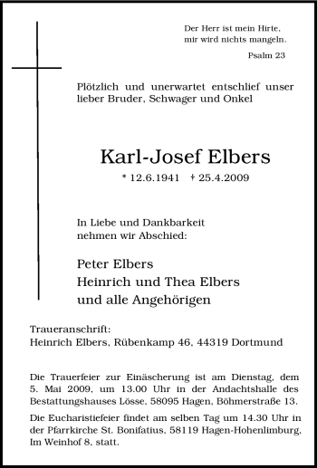 Traueranzeige von Karl-Josef Elbers von Tageszeitung