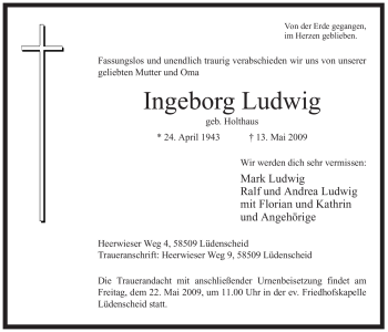 Traueranzeige von Ingeborg Ludwig von Tageszeitung