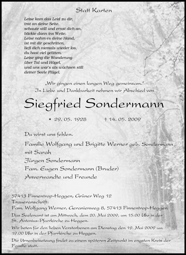  Traueranzeige für Siegfried Sondermann vom 16.05.2009 aus Tageszeitung
