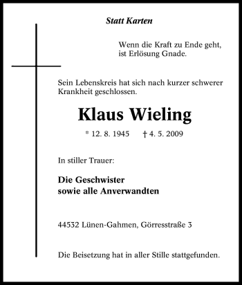 Traueranzeige von Klaus Wieling von Tageszeitung