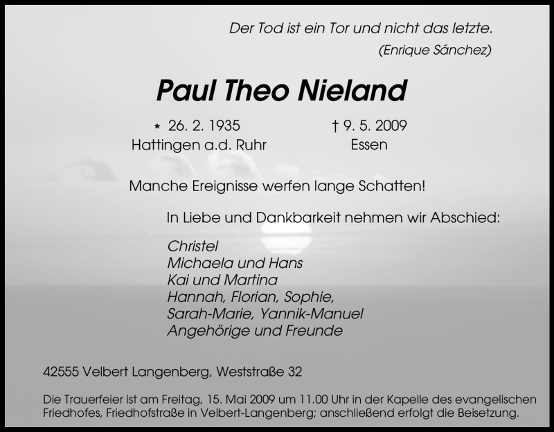  Traueranzeige für Paul Theo Nieland vom 13.05.2009 aus Tageszeitung
