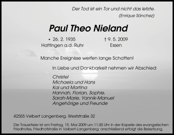 Traueranzeige von Paul Theo Nieland von Tageszeitung
