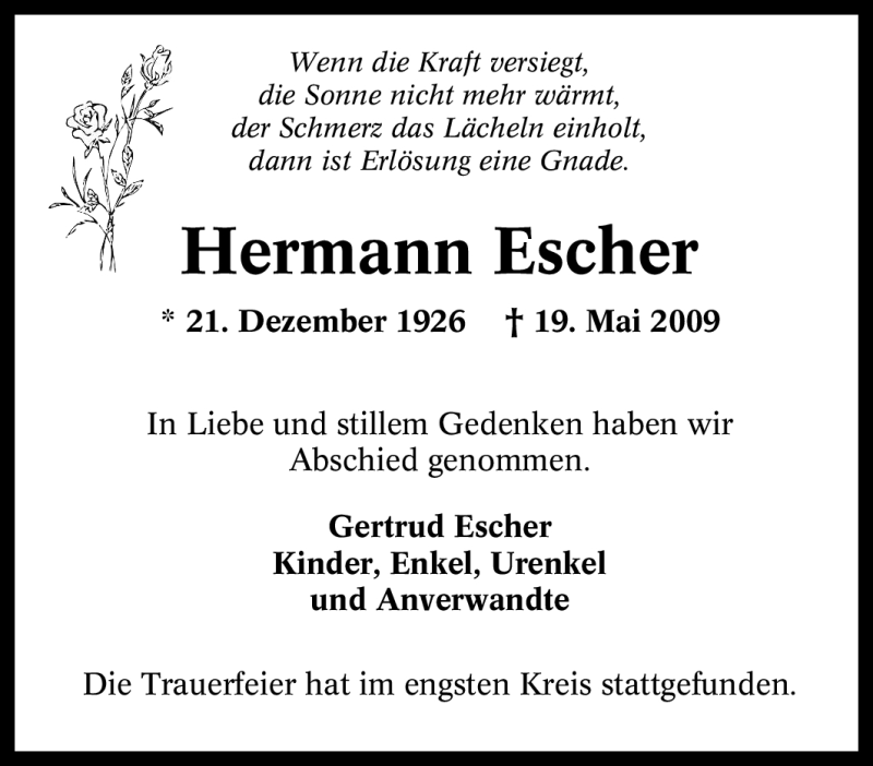  Traueranzeige für Hermann Escher vom 28.05.2009 aus Tageszeitung
