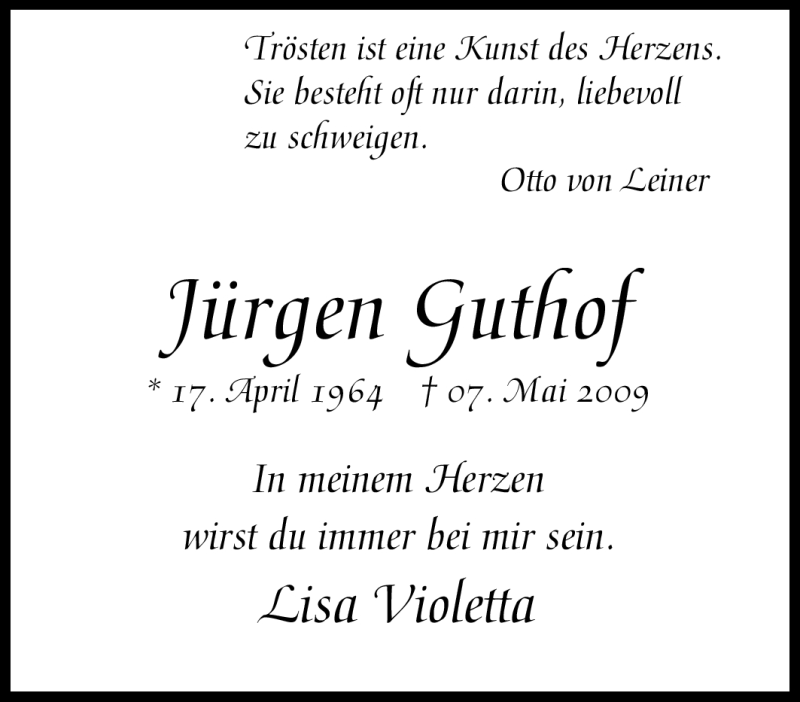  Traueranzeige für Jürgen Guthof vom 09.05.2009 aus Tageszeitung