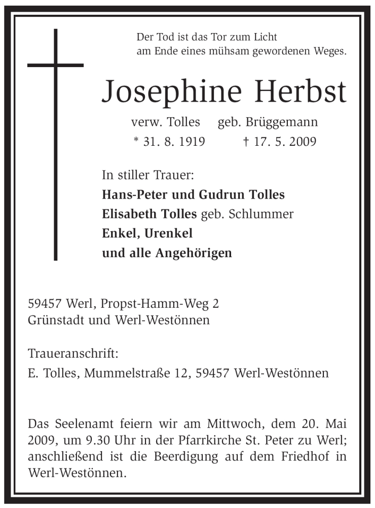  Traueranzeige für Josephine Herbst vom 19.05.2009 aus Tageszeitung