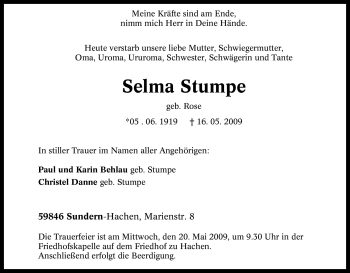 Traueranzeige von Selma Stumpe von Tageszeitung