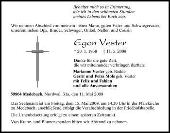 Traueranzeige von Egon Vester von Tageszeitung
