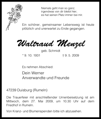 Traueranzeige von Waltraud Menzel von Tageszeitung