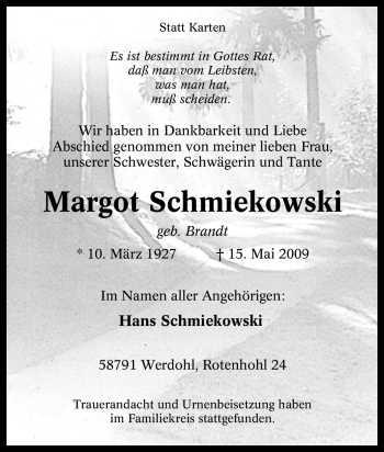 Traueranzeige von Margot Schmiekowski von Tageszeitung