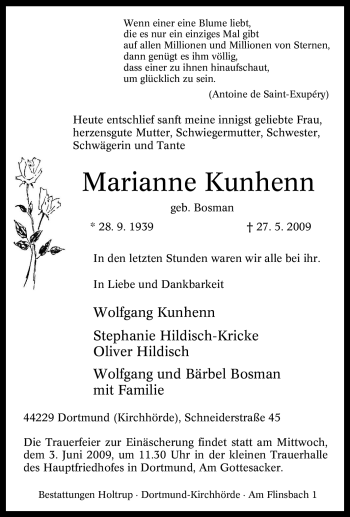 Traueranzeige von Marianne Kunhenn von Tageszeitung
