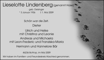 Traueranzeige von Lieselotte Lindenberg von Tageszeitung