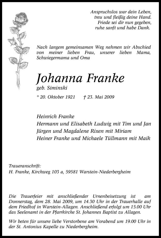  Traueranzeige für Johanna Franke vom 26.05.2009 aus Tageszeitung