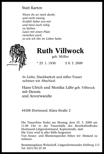 Traueranzeige von Ruth Villwock von Tageszeitung