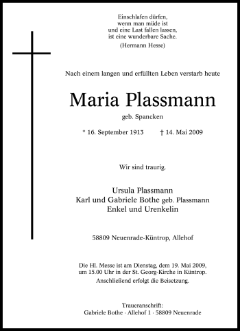 Traueranzeige von Maria Plassmann von Tageszeitung