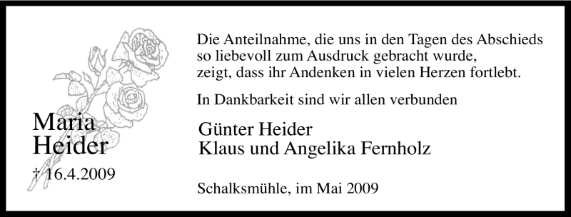  Traueranzeige für Maria Heider vom 18.05.2009 aus Tageszeitung