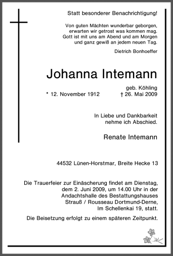 Traueranzeige von Johanna Intemann von Tageszeitung