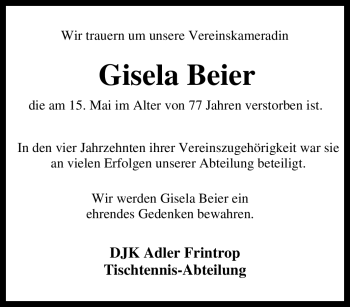 Traueranzeige von Gisela Beier von Tageszeitung