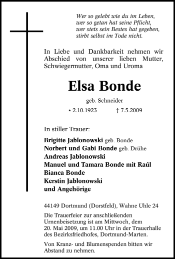 Traueranzeige von Elsa Bonde von Tageszeitung