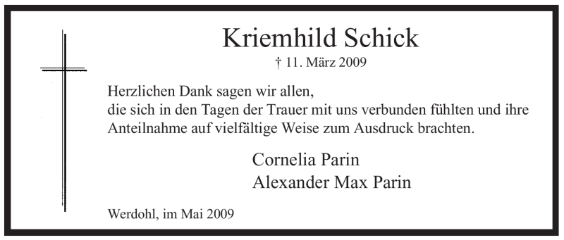  Traueranzeige für Kriemhild Schick vom 02.05.2009 aus Tageszeitung