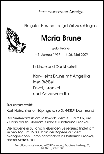 Traueranzeige von Maria Brune von Tageszeitung