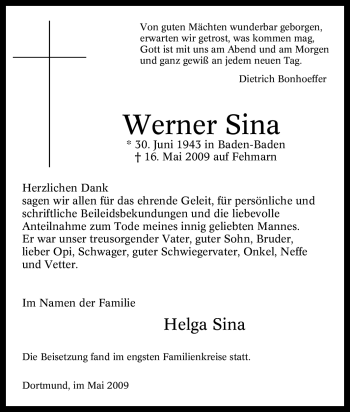 Traueranzeige von Werner Sina von Tageszeitung