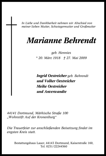 Traueranzeige von Marianne Behrendt von Tageszeitung