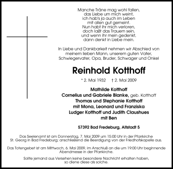 Traueranzeige von Reinhold Kotthoff von Tageszeitung