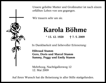 Traueranzeige von Karola Böhme von Tageszeitung