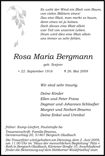 Traueranzeige von Rosa Maria Bergmann von Tageszeitung