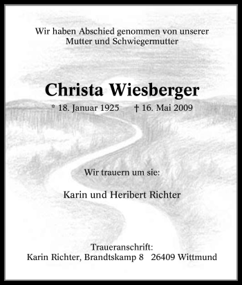 Traueranzeige von Christa Wiesberger von Tageszeitung