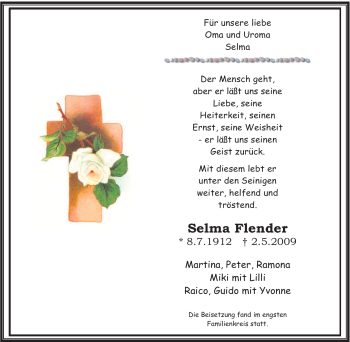 Traueranzeige von Selma Flender von Tageszeitung