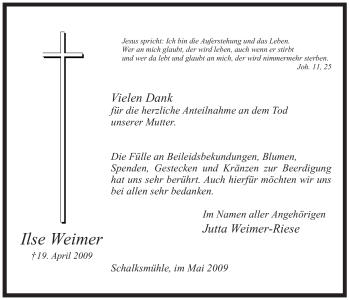Traueranzeige von Ilse Weimer von Tageszeitung