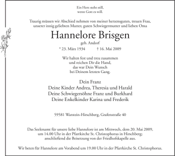 Traueranzeige von Hannelore Brisgen von Tageszeitung