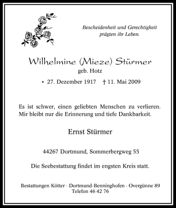 Traueranzeige von Wilhelmine Stürmer von Tageszeitung