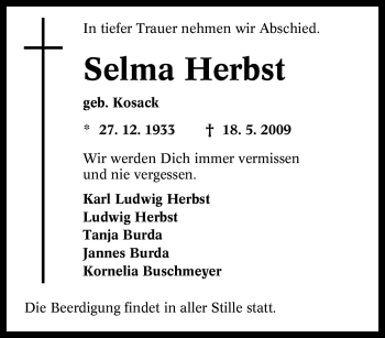 Traueranzeige von Selma Herbst von Tageszeitung