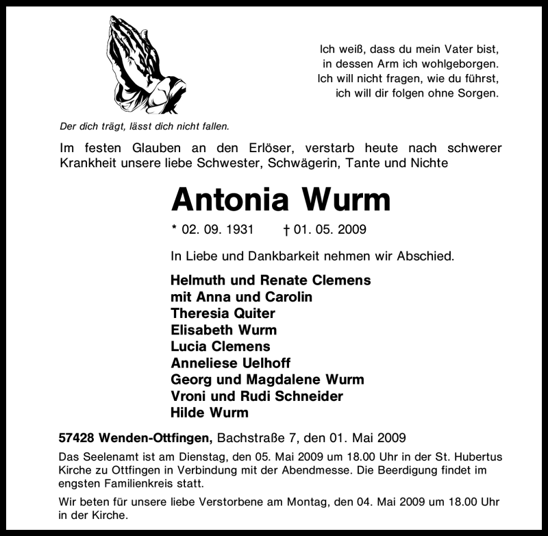  Traueranzeige für Antonia Wurm vom 04.05.2009 aus Tageszeitung