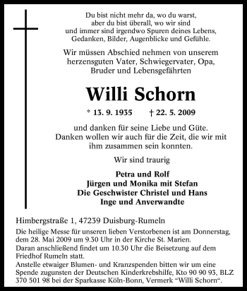Traueranzeige von Willi Schorn von Tageszeitung