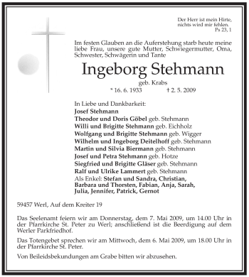 Traueranzeige von Ingeborg Stehmann von Tageszeitung
