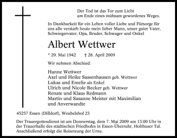 Traueranzeige von Albert Wettwer von Tageszeitung