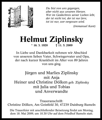 Traueranzeige von Helmut Ziplinsky von Tageszeitung